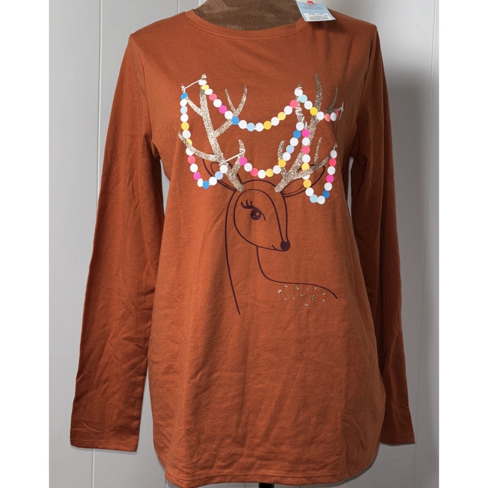 Cat & Jack Fall Orange (looks Brown)Long Sleeve Christmas Deer Shirt Yth 18 NWT